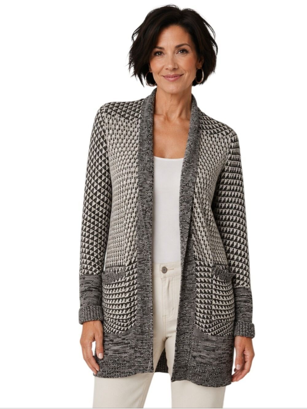 Isaac Mizrahi Gray & White Knit Open Front Cardigan XS